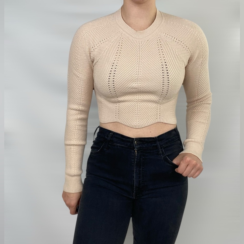 LOVERS + FRIENDS Crewneck Chevron Knit Crop Long Sleeve Sweater‎ Backless